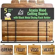 Acacia Wood Cutting Boards for Kitchen with Holder 13"x11"x 3" | Labeled Wood Cutting Board Sets | Large Wooden Cutting Board Set with Black Stand | Organized Chopping Boards for Kitchen