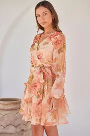Lara Chiffon Peach Floral Evening Dress