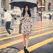 Long-Sleeved Floral Print Chiffon Dress Light Tan - S
