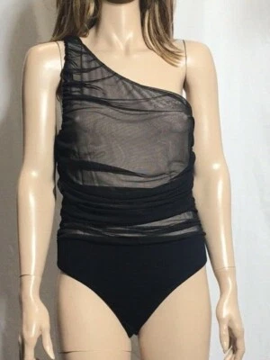 Women's NWT Aqua Black Mesh Ruched Thong Bodysuit Top