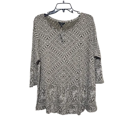 Lucky Brand Top Womens 2X Green White Tunic Boho Peasant Shirt Cotton Modal NEW