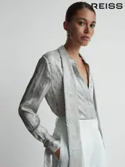 Reiss Silver Palma Premium Metallic Removable Tie Detail Blouse (789393) | $460