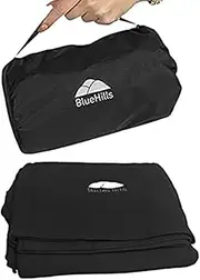BlueHills Ultra Compact Travel Blanket Pillow in Portable Bag Case with Hand Luggage Belt & Backpack Clip Premium Cozy Soft Compact Pack Large Blanket for Airplane Flight Layover Black C003