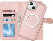 Cavor Wallet Case for iPhone 15 6.1" Leather Case 2 in 1 Magnetic Detachable Flip Cover Support Magsafe Charging with Stand Feature Card Slots-Pink