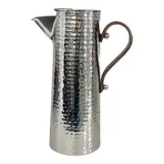 Silver Hammered Stainless Steel Water Jug Pitcher & Brown Leather Handle- 33cm