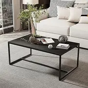 Coffee Table Rectangular Black Modern Sofa Table Genuine Sintered Stone Table Marble Table Texture Top with Matt Black Metal Frame Modern Side Center Tables for Living Room, Living Room Furniture
