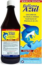 Ballena Azul Aceite de Hígado de Bacalao para Adultos y Niños, COD Liver Oil for Adults and Children, Good Source of Vitamins A,D,E, B1, Dietary Supplement, Omega 3, Inmune System Boost (ORANGE 15 OZ)