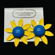 NEW‼ VTG‼ 1980s CATHERINE STEIN Blue & Yellow Enamel Flower Floral Stud Earrings