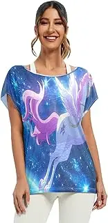 [Joisal] Cartoon Bee Boatneck Tops for Women Loose Women's Blouses, Bathing Suit Cover Up, Business Tops for Women, Unicorn With Wings, XX-Large