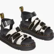 NIB DR. MARTENS BLAIRE LEATHER BLK/WT HAIR ON COW Platform SANDALS W7 UK5 Boho