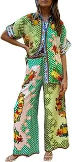 [Yiulangde] Women's Y2k Graffiti Printed 2 Piece Pajama Sets Short Sleeve Button Blouse Shirt Wide Leg Long Pants Loungewear