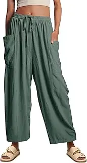 [Generic] Women's Wide Leg Pants Loose Drawstring Pants Summer Casual Flowy Beach Trousers with Cargo Pockets