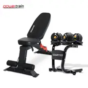 Powertrain 48KG Adjustable Dumbbell Set (Gold) & Stand with Flat Incline Decline Bench