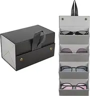 CTDMJ Glasses Organiser for 4 Glasses Foldable Glasses Storage Box Sunglasses Storage Organiser PU Leather Travel Glasses Stand Glasses Holder Hanging Sunglasses Organiser (Black), black, XL, Black,