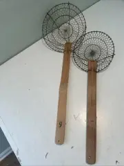 Lot of 2 Vintage Twisted Brass Wire Mesh Strainer Spoon 14” +16” Bamboo Handle!