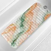 LNOND Marble Bath Tub Mat Non Slip, Extra Long 40 X 16 Inch Anti Slip Mat for Bathtub, Orange Green Marble Shower Mat with Drain Holes and Suction Cups, Machine Washable