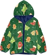 [GuoChe] Girls Sherpa Lined Christmas Gingerbread Cookies Holiday Green Toddler Girls Hooded Jacket Navy Blue Warm Baby Boy