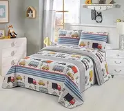Better Home Style Blue Cars Trucks Buses Taxis Vehicles City Streets Themed Kids/Boys/Toddler Coverlet Bedspread Quilt Set with Shams # Transportation (Queen/Full)