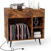 Giantex Record Player Stand, Large Turntable Stand with Power Outlets, Album Storage, Metal Legs, Industrial Vinyl Record Storage Cabinet for Living Room, Bedroom, Office, Rustic Brown
