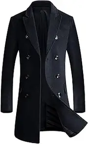 [Qolkmuiy-GJ] Men's Wool Blend Full Length Overcoat Notched Collar Double Breasted Overcoats Long Coat with Flap Pocket