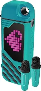 Laser LED Portable Karaoke Speaker with 2 Wireless Microphones, Bluetooth 5.3, 10W Sound, Voice Effects, 2400mAh Battery, Supports USB Micro SD Playback - Blue Aquatic Awe