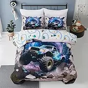 Holawakaka Boys Girls Full Size Monster Lightening Truck Print Bedding Comforter Set with Sheets,Racing Car Printed Bed in A Bag 5 Pieces Kids Dorm Reversible Bed Sets,Blue Purple,Full