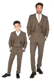 Mens Boys Textured Tweed Suit Tailored Fit Wedding Formal Brown Matching Set