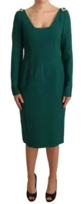 Dolce&Gabbana Women Emerald Green Dress Wool Blend Crystal Bodycon Wrap Sz IT 44