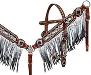 Showman Black & White Beaded Leather Headstall & Breast Collar w/Ombre Fringe