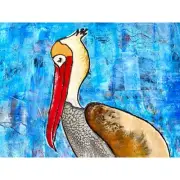 Pelican Shine Original Art Mixed Media Oil Painting Over Collage Matted 11x14in