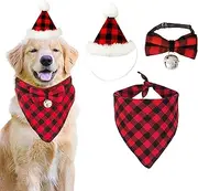 TRADERPLUS Christmas Dog Decoration Set Red Plaid Dog Christmas Bandana Hat Bow Tie with Bell Set for Small Medium Large Dogs Cats Pets
