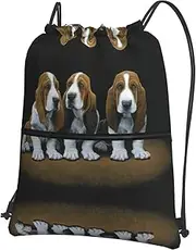 EdWal Cute Basset Hound Puppies Print Drawstring Backpack Gym Bags Sports Bags With Zipper Pocket For Travel Swimming Beach, Black, One Size
