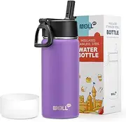 Mollcity Kids Water Bottle 16 oz Stainless Steel Double Wall Vacuum Insulated Wide Mouth Water Bottle for School-Metal Leak-Proof Travel Water Flask with Straw(Purple)