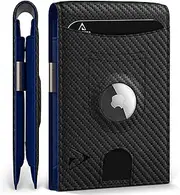 [Avandona] Airtag Wallet for Men, Leather Slim Wallet with Airtag Holder, Minimalist Wallet with RFID Blocking & Money Clip, Black & Blue