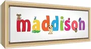 Framed Box Canvas with Solid Natural Wooden Surround in Cute Illustrative Design Girl's Name (19 x 46 x 3 cm, Small, Maddison)