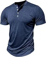 [Zylphorix] Men Quarter Button Casual Polo Shirt Solid Short Sleeve Round Neck Daily T-Shirt Summer Henry Exercise Pullover Top, Dark Blue, Medium