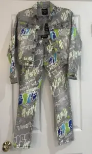 NWT Encrypted Kids Urban Street Graffiti Denim Pants Trucker Jacket Set Size 8 S