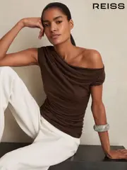 Reiss Chocolate Brown Serena Modal-Blend Ruched Off-Shoulder Top (F97713) | $195