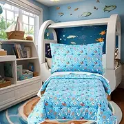 Brandream Ocean Shark Toddler Bedding Sets for Boys or Girls Nautical Oceania Undersea Adventures Fish Cartoon Toddler Comforter, Flat Top Sheet, Fitted Sheet & Pillowcase, 4Pcs
