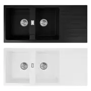 ACA 1160x500mm White Black Granite Stone Double Bowls Kitchen Sink Drainboard Top/Flush Mount