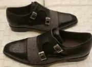 Handmade Two Tone Monk Straps, Men Calf Leather And Wool Dress Fabric Shoes 7-17