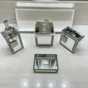 5pc BELLA LUX Rhinestone Mirror Crystal Iridescent Soap Jar Can Bath Set Luxury