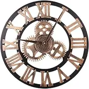 ORFOFE Retro Wall Clock Vintage 40cm Diameter 3D Gear Wooden Quartz Silent Sweep Roman Numerals Home Decor