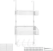 Over The Door Hooks Organizer with 8 Hooks and Mesh Basket Waterproof Over The Door Towel Rack Metal Over The Door Hooks Hanger for Bedroom Bathroom (Double Layers White)