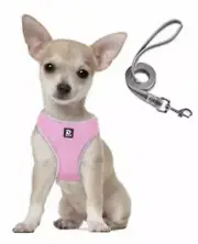 Sz S Soft Pink Reflective Trim Harness Vest & Leash Set For Puppy Or Small Dogs