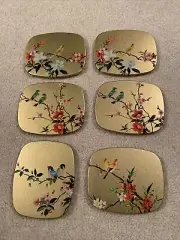 CHERRY BLOSSOMS AND BIRDS Drink Coasters Set of 6 Gold Japanese Print W Case