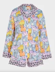 NEW PETER ALEXANDER KITTY CAT PJ TOP + SHORTS SET / LEOPARD CONTRAST L RRP$119