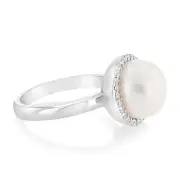 Sterling Silver Fresh Water Pearl And Zirconia Fancy Ring, M