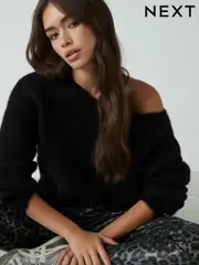 Black Soft Touch Bardot Off The Shoulder Knitted Jumper with Alpaca (E16187) | $30