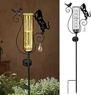 Solar Garden Rain Gauge, Black Metal Cat and Bird Design, Glass Gauge with Light Stake, Outdoor Yard Decor